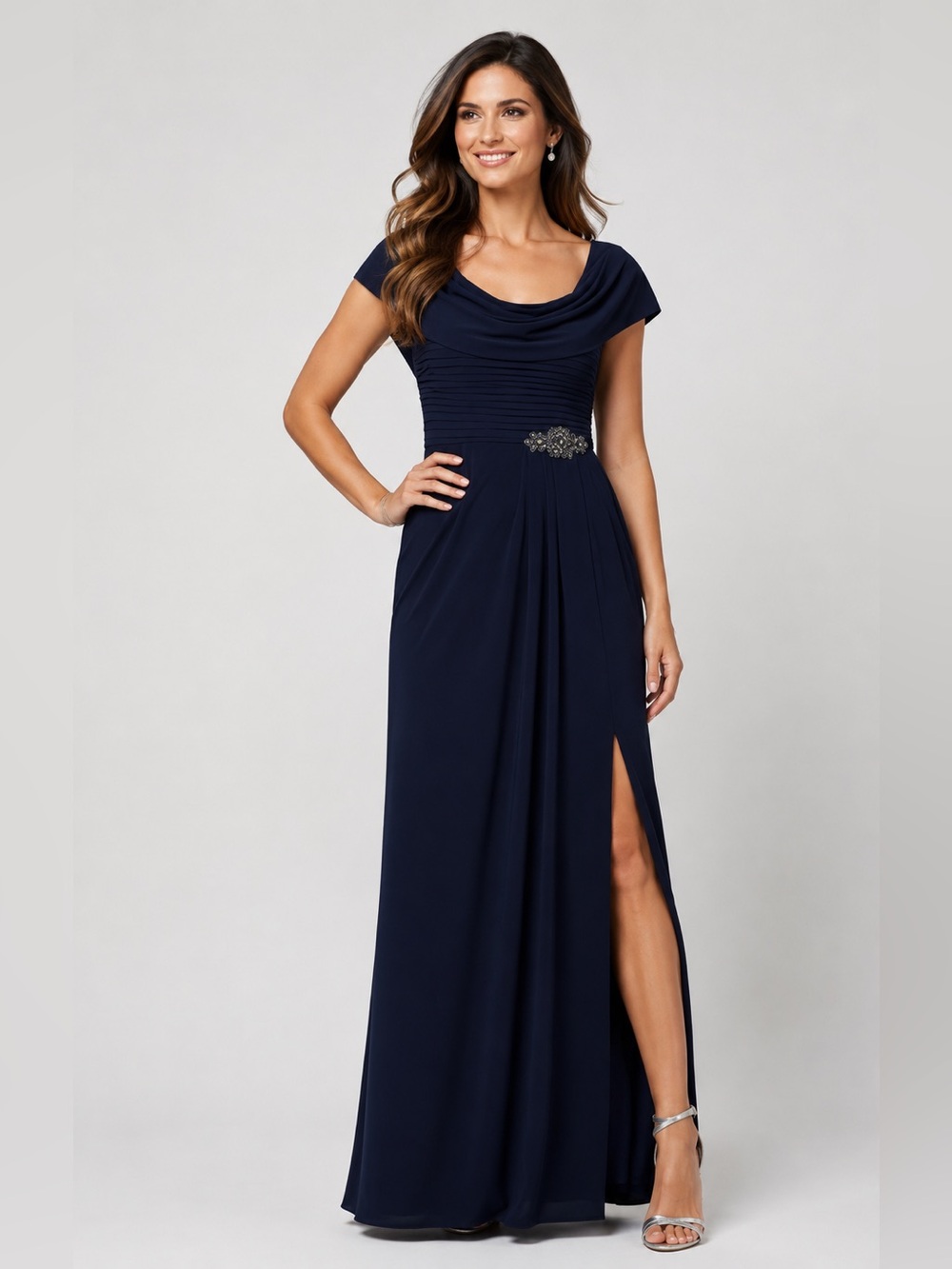 ALEX EVENINGS Navy Blue Cowl Neck Beaded Waist Evening Gown Formal‎ NWT Size 16